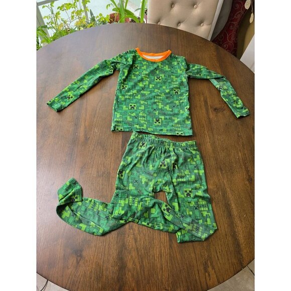 Minecraft Kids Pajama Set Creeper Design Long Sleeve & Pants Green Pixelated Pri - Picture 2 of 5